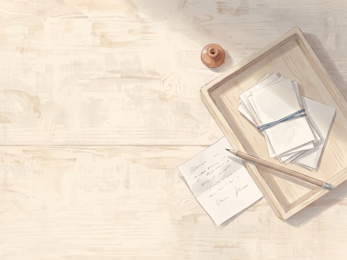A shallow wooden tray of folded notes held together by a blue band, with one note lying open beside it and a pencil across the tray.