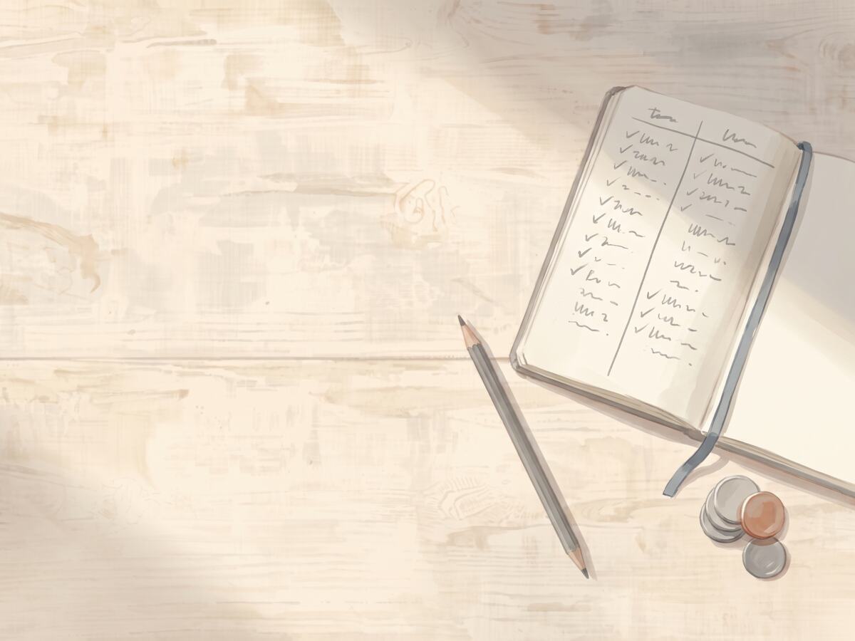 An open notebook ruled into two columns of ticked entries, a blue ribbon marker, and a small stack of coins beside it.