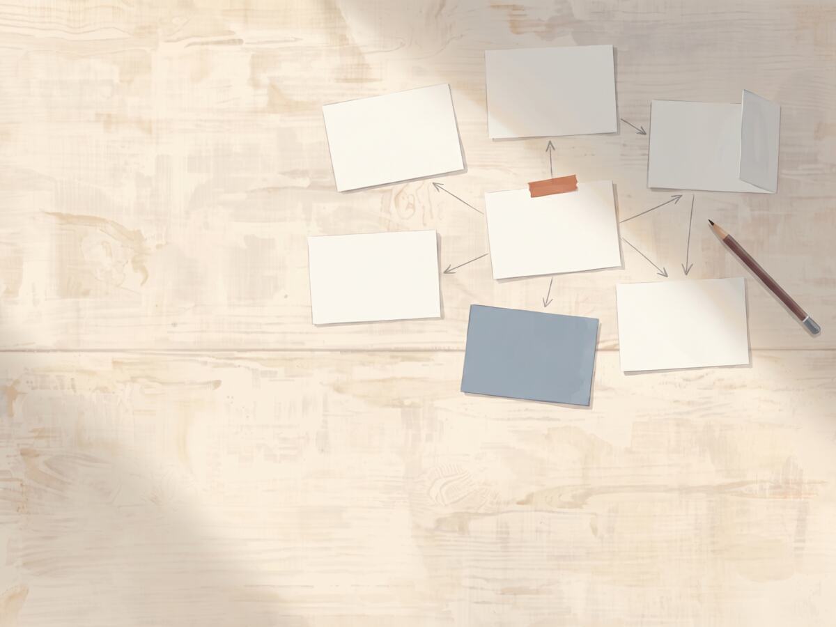 Index cards laid out on a pale wooden table, pencil arrows drawn on the wood between them, one card blue among the white ones.
