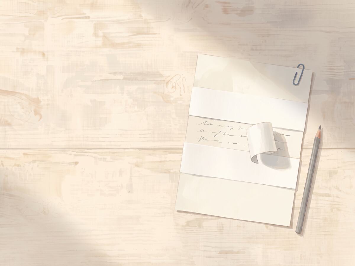 A sheet of paper with paper strips laid across it. One strip has been peeled back, and the handwriting it was covering is now showing.