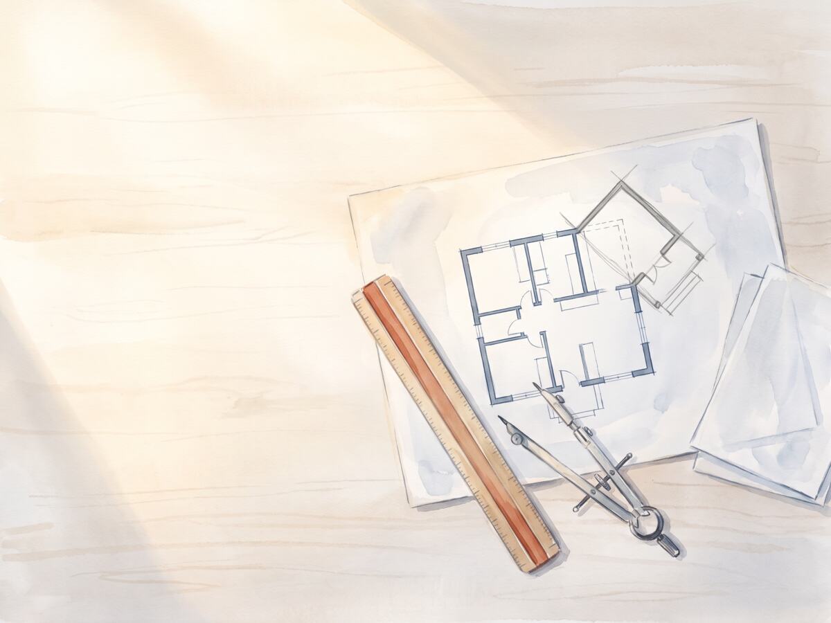 A hand-drawn floor plan on tracing paper with one wing sketched in as an addition, a ruler and a pair of dividers resting across it.