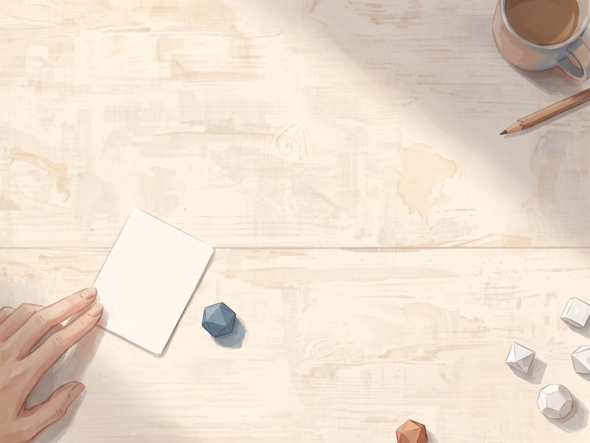 The middle of the table swept clear, everything pushed to the edges, one card held flat under two fingertips with a blue die beside it.